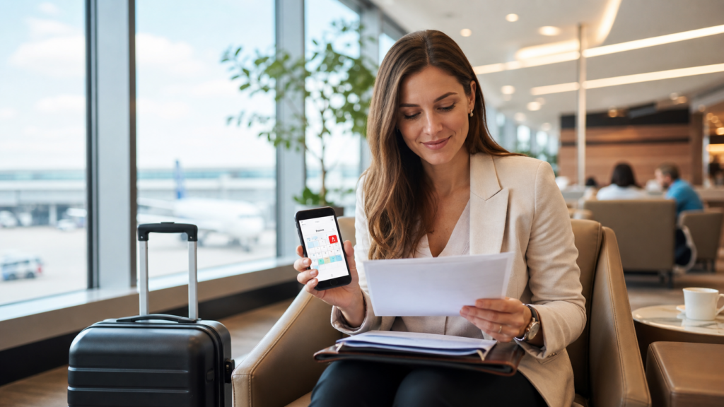 Passageiro em aeroporto conferindo alteração de voo no celular com documentos de viagem