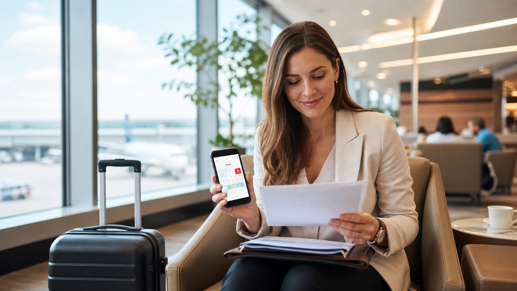 Passageiro em aeroporto conferindo alteração de voo no celular com documentos de viagem