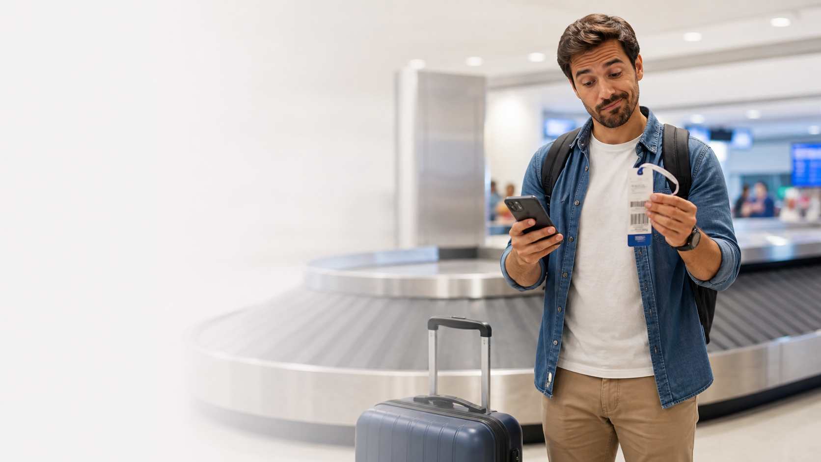Passageiro no aeroporto conferindo etiqueta de bagagem extraviada