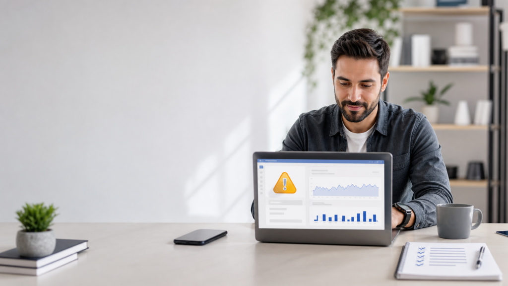 Gestor de tráfego analisando alerta em painel de anúncios no notebook
