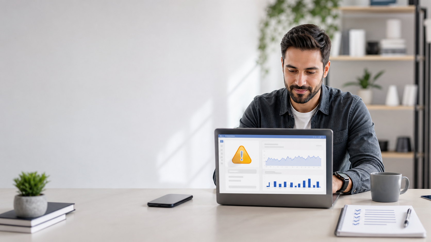 Gestor de tráfego analisando alerta em painel de anúncios no notebook