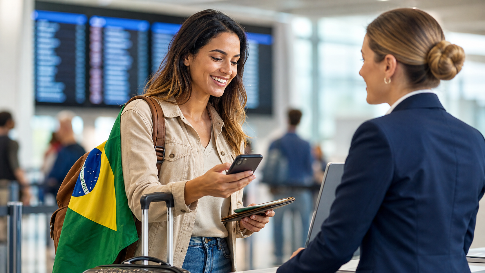 Passageiro conversando com atendente no aeroporto após impedimento de embarque por overbooking