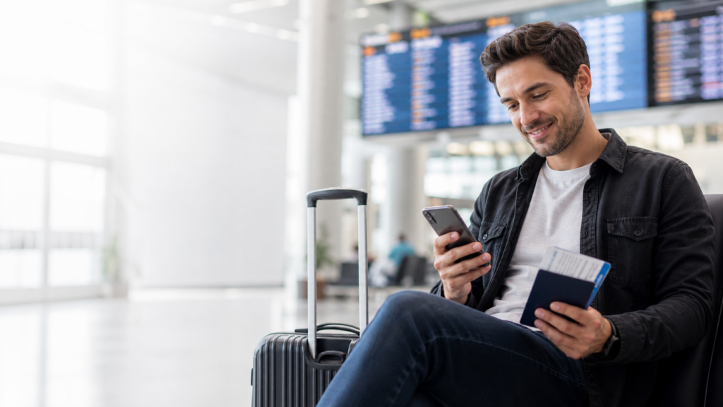 Passageira em aeroporto conferindo aviso de voo cancelado no celular