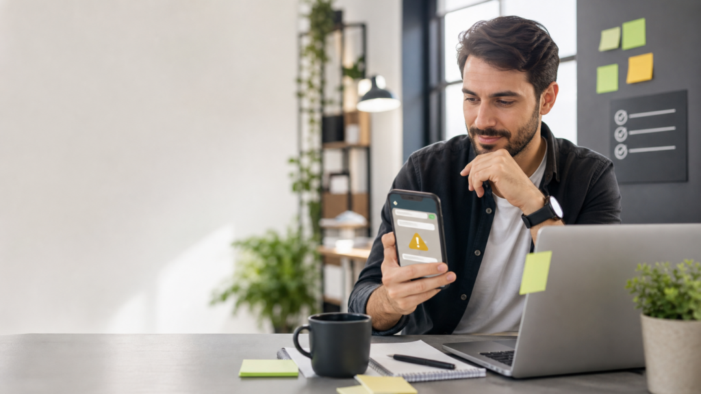 Profissional olhando celular com alerta de bloqueio em aplicativo de mensagens